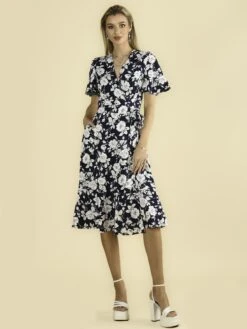 Wylla Wrap Woven Midi Dress, Navy Floral -Miha Dresses Shop W 397 19 NavyFloral 1