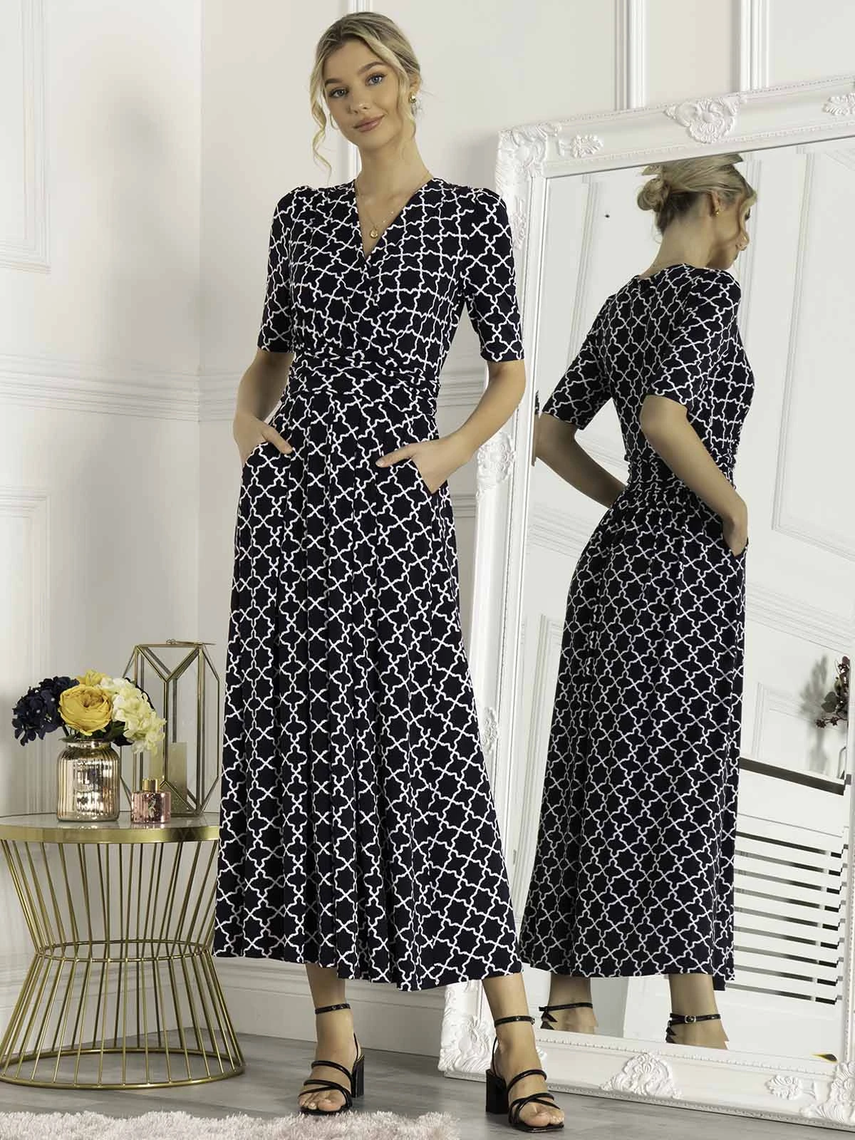 Jolie Moi Kiera Wrap Front Maxi Dress, Navy Geo 5 Jolie Moi Kiera Wrap Front Maxi Dress, Navy Geo - Image 3