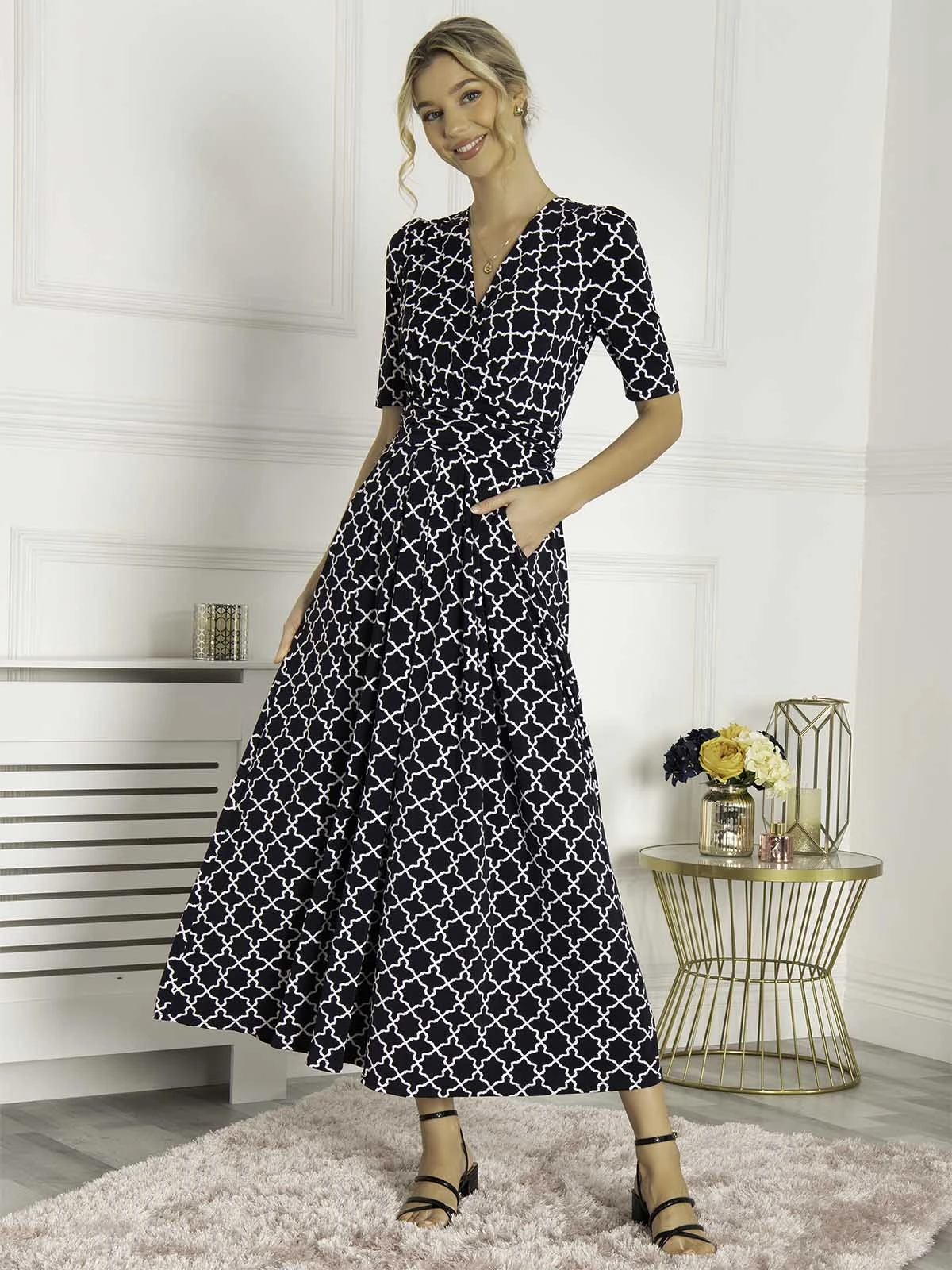 Jolie Moi Kiera Wrap Front Maxi Dress, Navy Geo 3 Jolie Moi Kiera Wrap Front Maxi Dress, Navy Geo