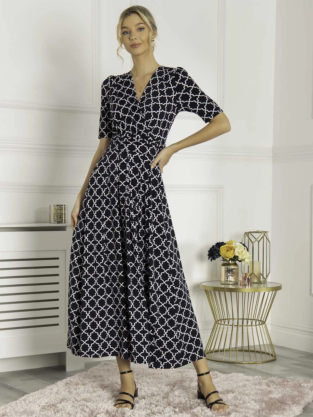 Jolie Moi Kiera Wrap Front Maxi Dress, Navy Geo 6 Jolie Moi Kiera Wrap Front Maxi Dress, Navy Geo - Image 4