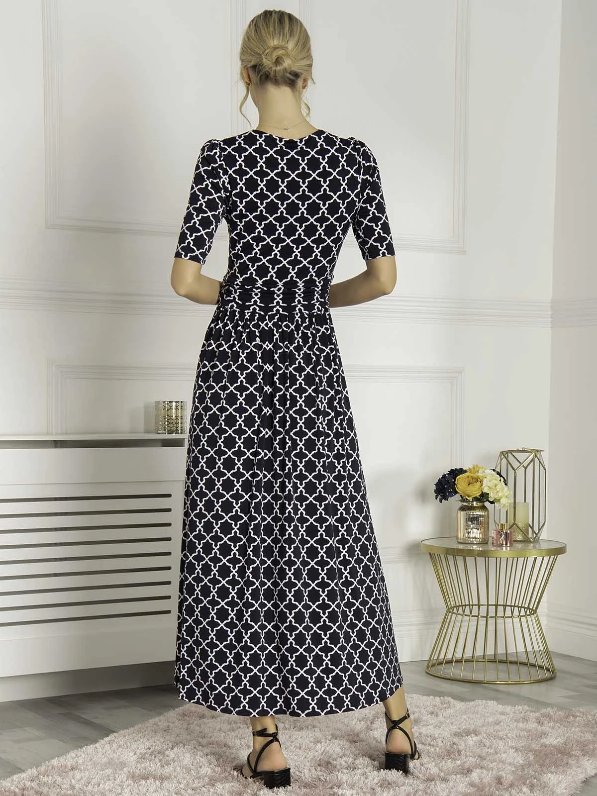 Jolie Moi Kiera Wrap Front Maxi Dress, Navy Geo 4 Jolie Moi Kiera Wrap Front Maxi Dress, Navy Geo - Image 2