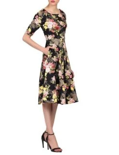 Floral Print Half Sleeve Dress, Black Floral