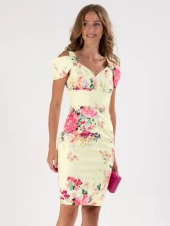 Floral Print Cold Shoulder Dress, Yellow Floral