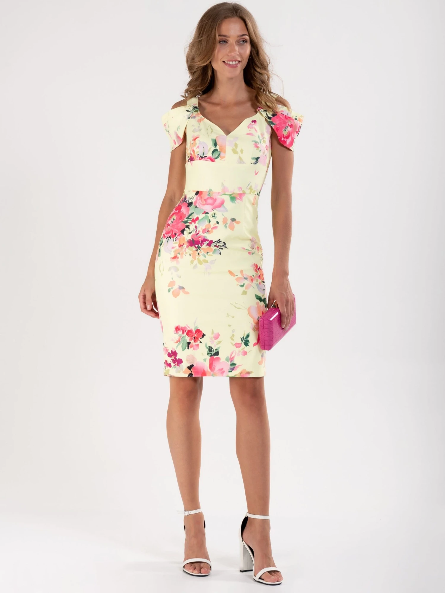 Floral Print Cold Shoulder Dress, Yellow Floral 7 Floral Print Cold Shoulder Dress, Yellow Floral - Image 5